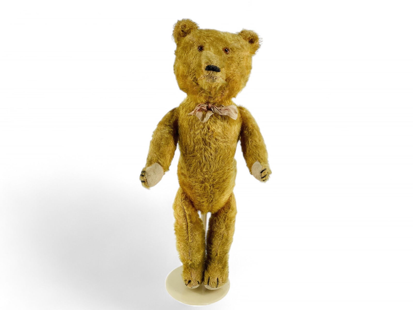 Antique German "Peter" Bear.: Antique German "Peter" Bear.16" gold mohair bear with inserted ears, glass eyes, stitched nose, open/closed mouth with teeth, five-piece stick style body with felt paw pads, working squ