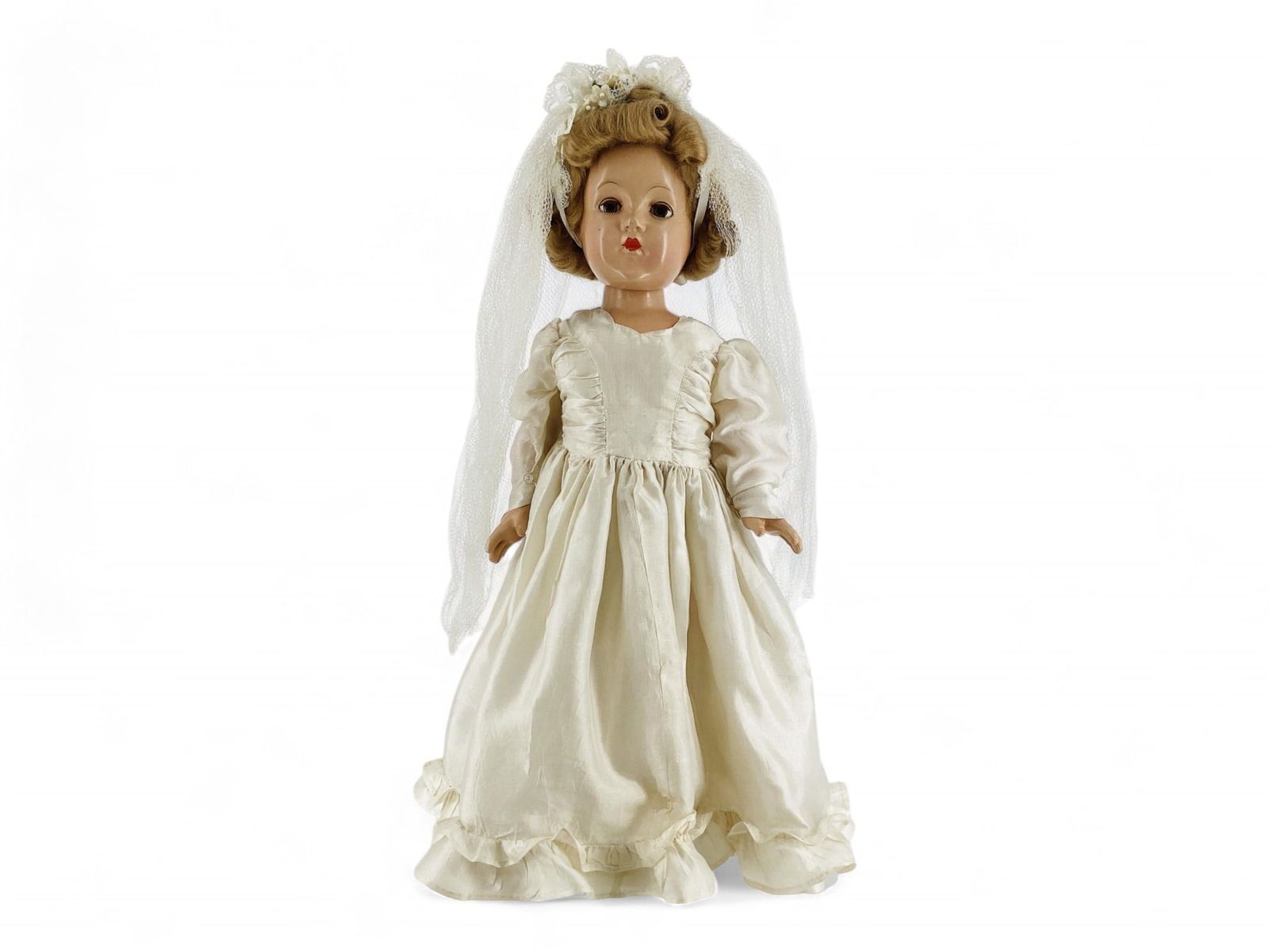Effanbee Bride.: Effanbee Bride.17 1/2" composition doll with mohair wig, sleep eyes with eyelashes, on five-piece body. Wig and bridal costume are original, wig has been reset, gown has been laundered and has mi