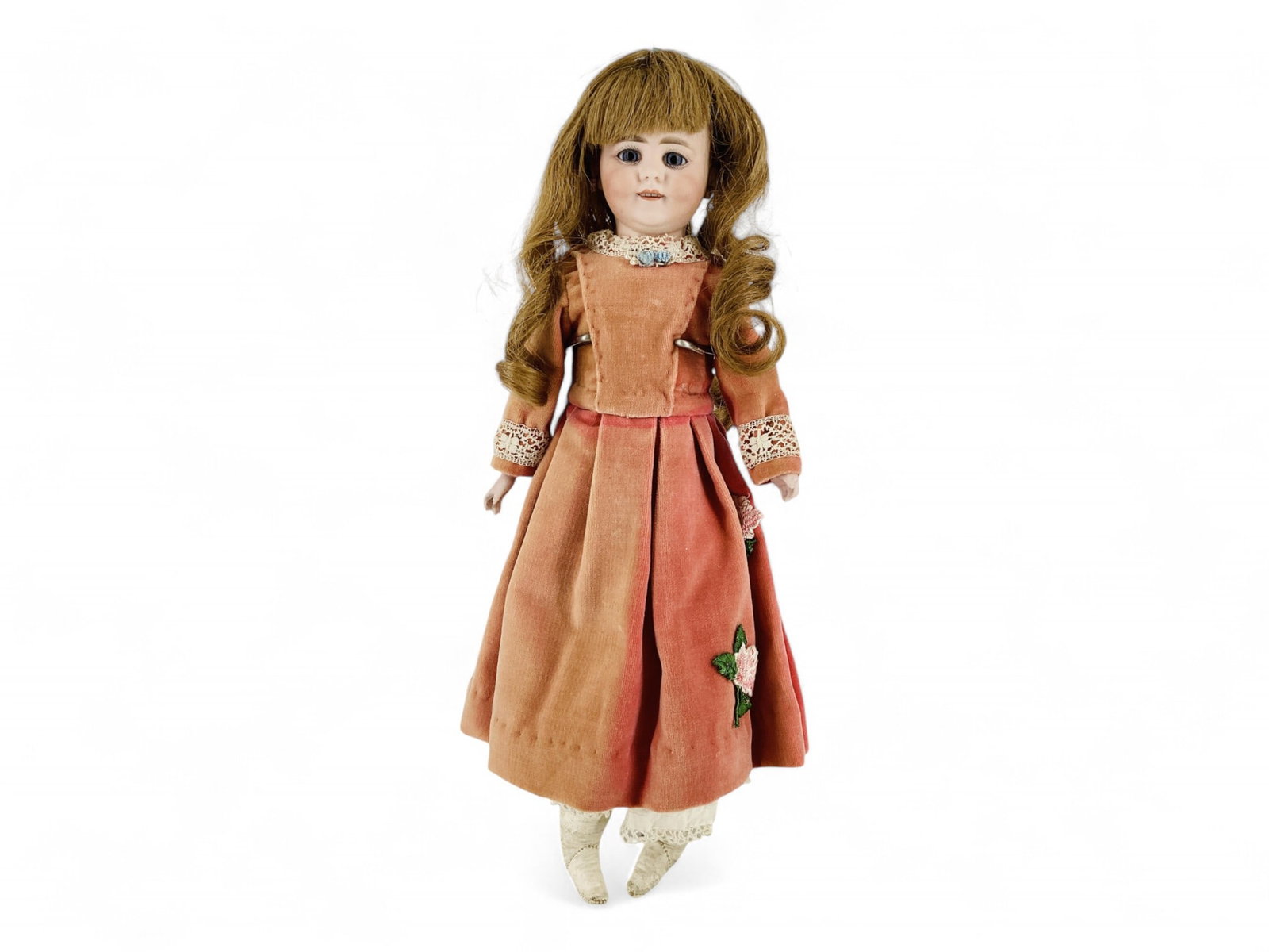 Simon & Halbig 970 bisque shoulder head character.: Simon & Halbig 970 bisque shoulder head character. 14" doll with human hair wig over cork pate, stationary glass eyes, pierced ears, open mouth with square cut teeth, gusseted kid body with bisqu