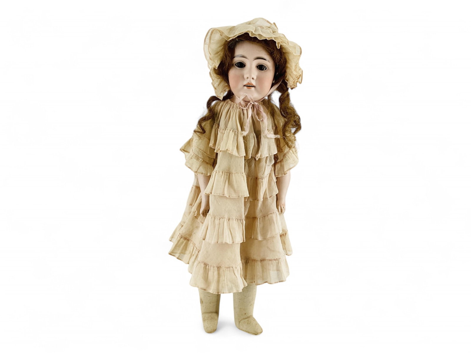 Early Kestner bisque shoulder head girl.: Early Kestner bisque shoulder head girl. Incised "11 Germany", 21" doll with sparse mohair wig, glass sleep eyes, open mouth with square cut teeth, gusseted kid body with bisque lower a