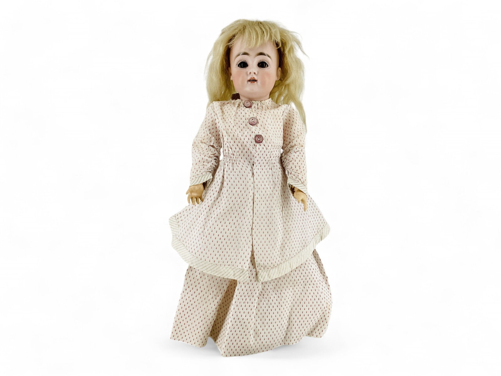 Kestner 152 bisque socket head girl.: Kestner 152 bisque socket head girl. 15" doll with mohair wig over detached plaster pate, glass sleep eyes, open mouth with teeth, jointed composition body stamped "Germany O 1/2" on lo