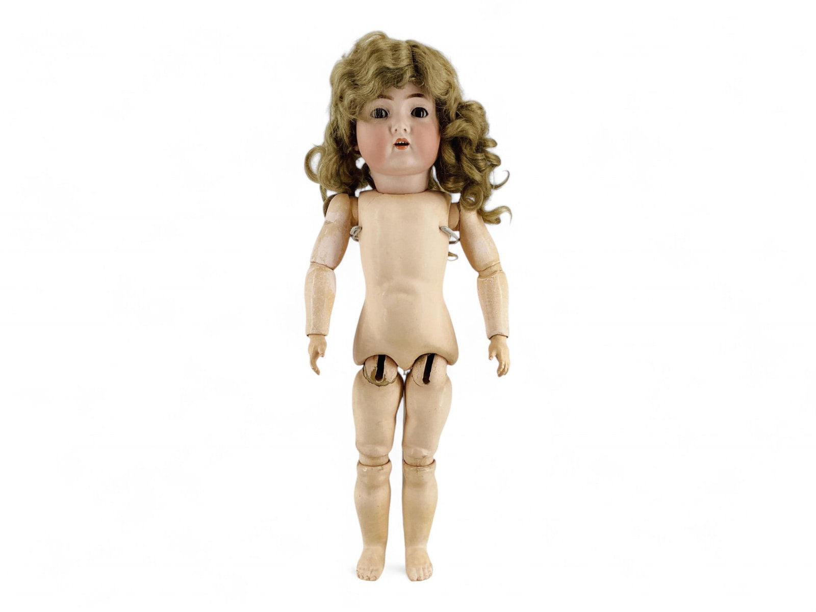 K&R Simon & Halbig 117n bisque socket head girl.: K&R Simon & Halbig 117n bisque socket head girl. Ready to dress 18" doll with full mohair wig, glass sleep eyes, open mouth with teeth, spring jointed composition body. Eyelashes have worn away, 