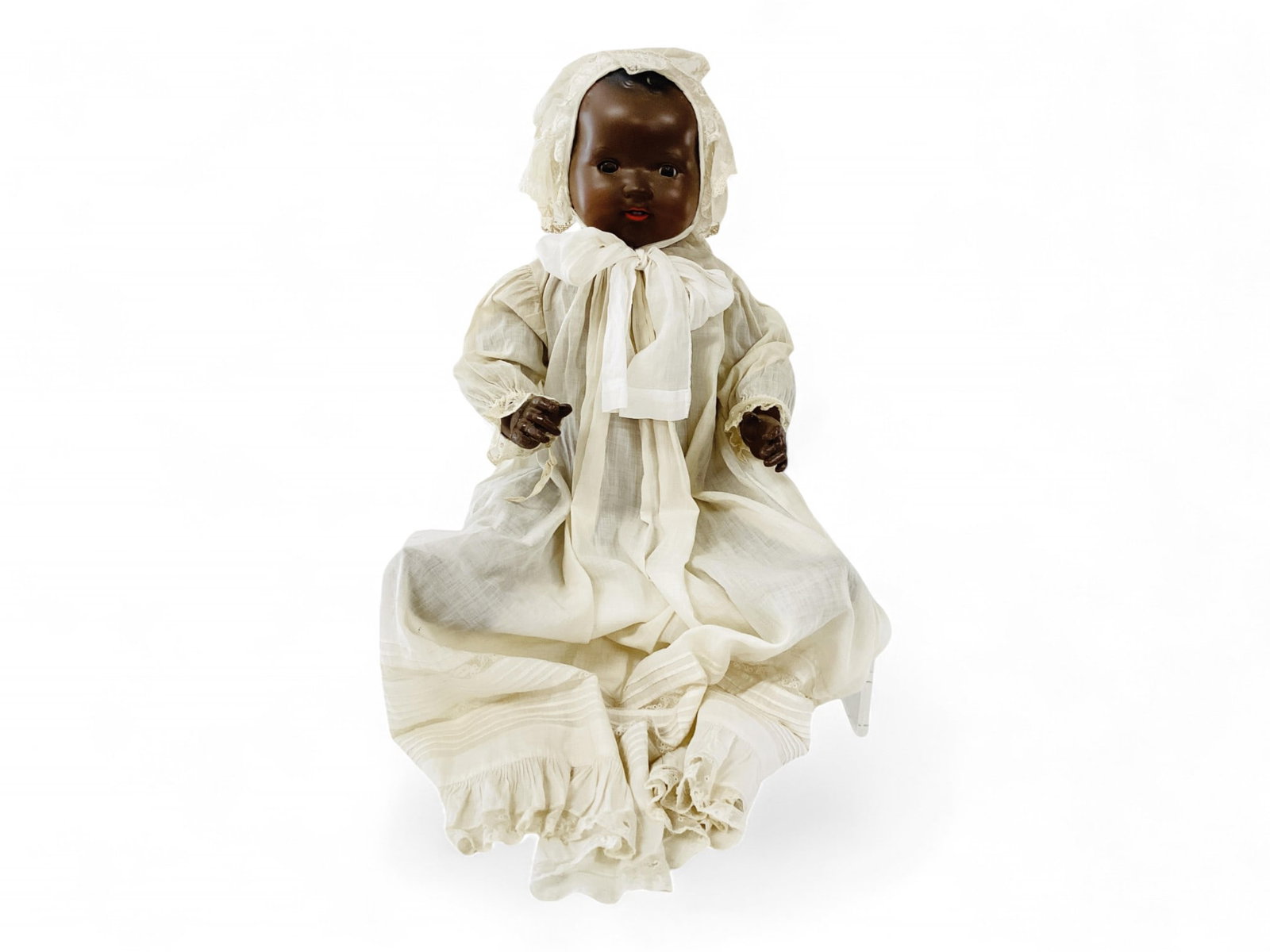 Armand Marseille 351 black bisque socket head baby.: Armand Marseille 351 black bisque socket head baby. 23" solid dome doll with molded and painted hair, glass sleep eyes, open mouth with teeth, painted five-piece bent limb baby body. Bisque is go