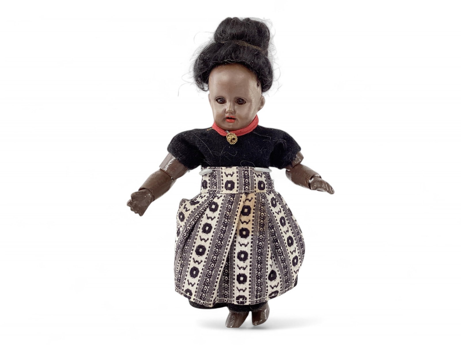 German Black bisque socket head girl.: German Black bisque socket head girl. Marked as shown, 6 1/2" doll with mohair wig, stationary glass eyes, open mouth with teeth, painted composition body jointed at the shoulders, hips, wrists, 