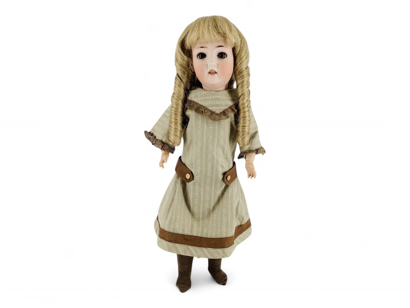Revalo 150 bisque socket head character child.: Revalo 150 bisque socket head character child. 18" doll with replaced wig, glass sleep eyes with eyelashes, open mouth with teeth, on jointed composition body. Bisque has no apparent damage, cons