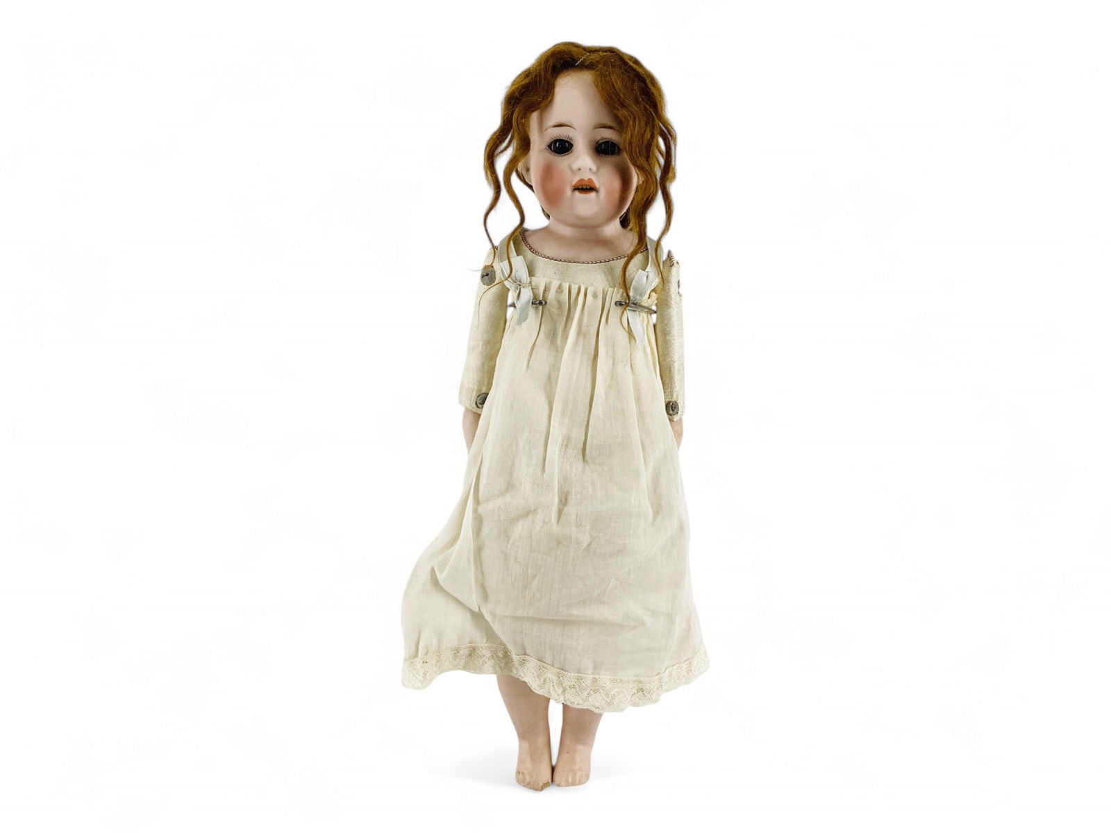 Goebel bisque shoulder head girl.: Goebel bisque shoulder head girl.16 1/2" doll marked as shown, with mohair wig, glass sleep eyes, open mouth with teeth, rivet jointed kid body with bisque lower arms and composition lower legs.