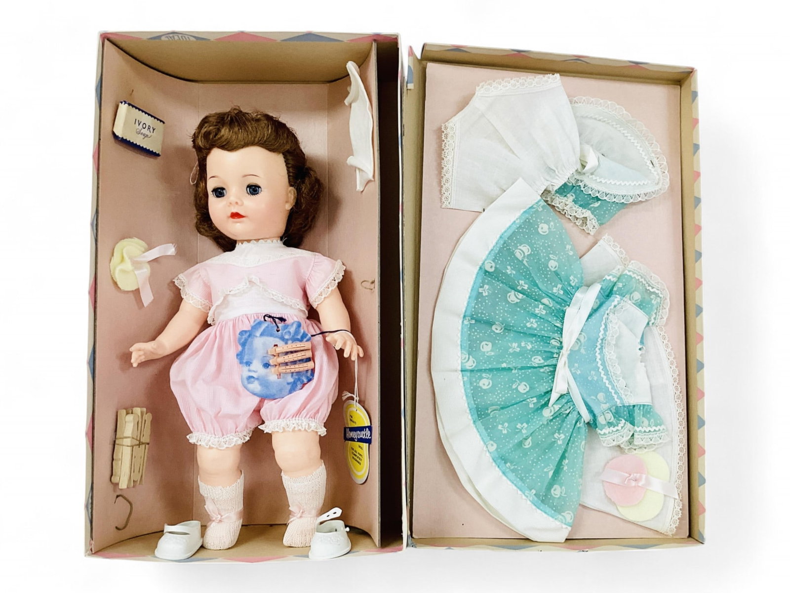 Ideal "Honeysuckle" in box with accessories.: Ideal "Honeysuckle" in box with accessories. 15" all vinyl doll with rooted hair, sleep eyes with eyelashes, closed mouth, five-piece bent limb baby body. Honeysuckle wears her original