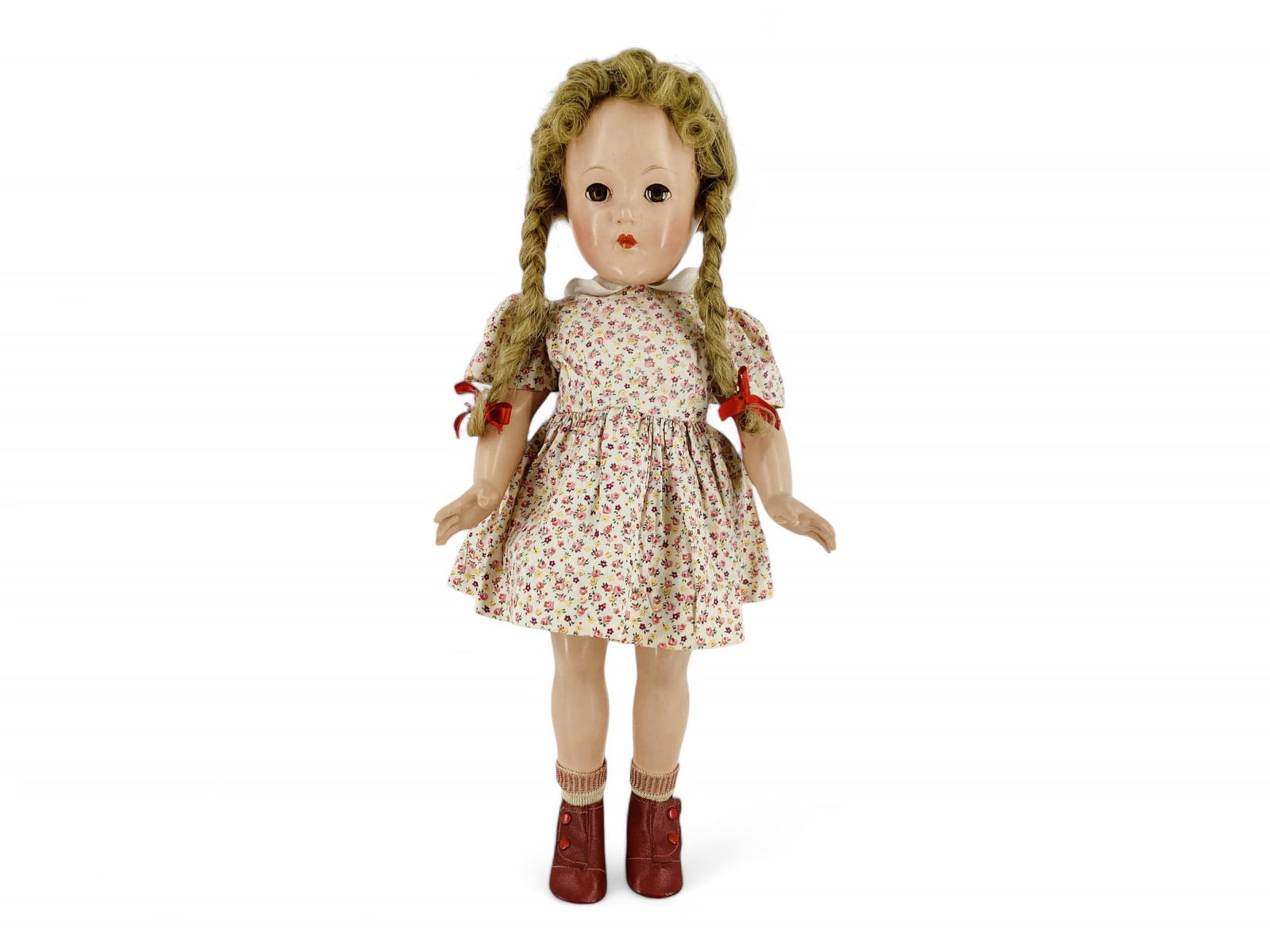 Vintage Effanbee Girl.: Vintage Effanbee Girl.17 1/2" composition doll with human hair wig in original set, sleep eyes with eyelashes, closed mouth, five-piece body. Doll wears her original undergarment and socks, calic