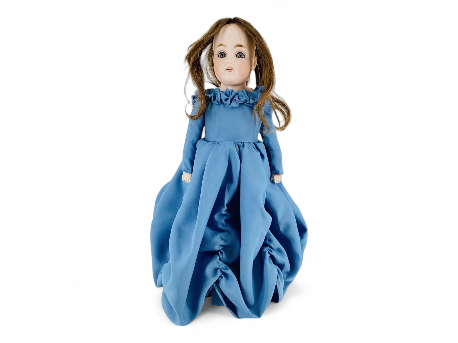 Kestner 154 dep bisque shoulder head girl.: Kestner 154 dep bisque shoulder head girl. 15" doll with partial human hair wig over intact plaster pate, glass sleep eyes, open mouth with teeth, rivet jointed kid body with bisque lower arms. B