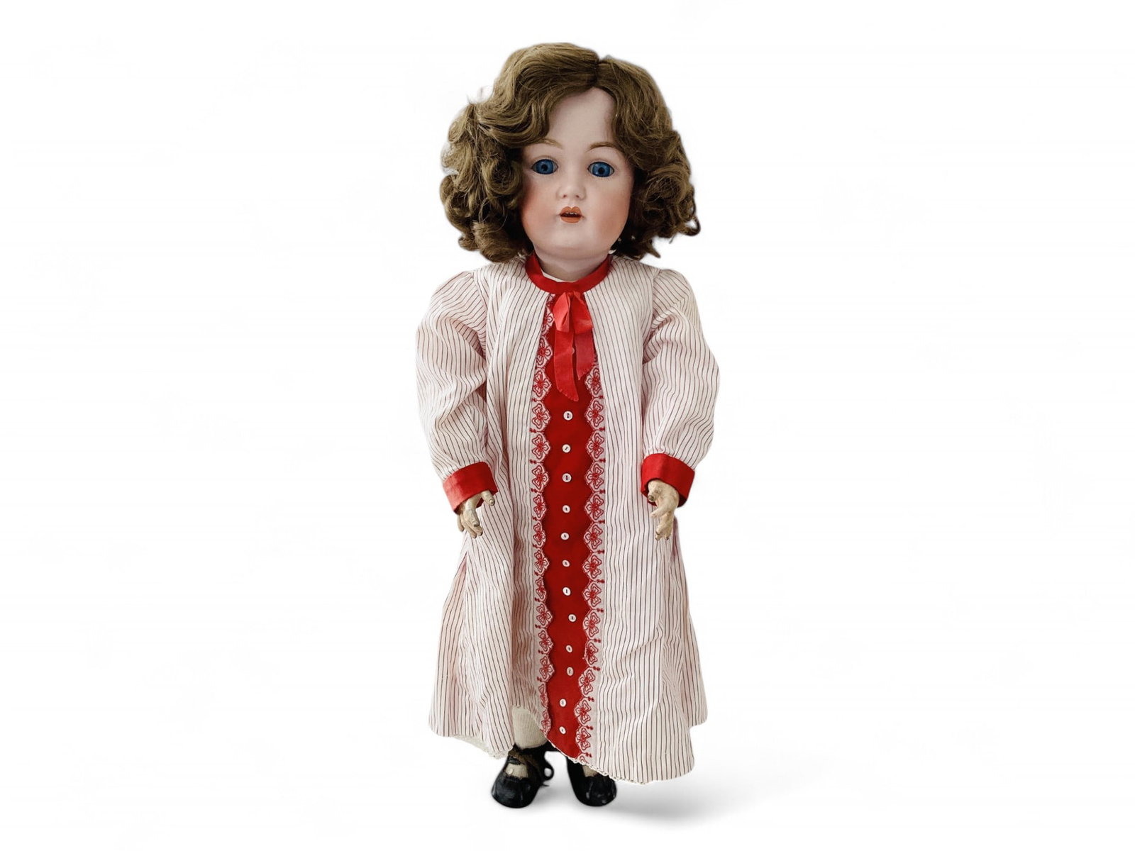 Kestner J.D.K. 214 bisque socket head girl.: Kestner J.D.K. 214 bisque socket head girl. 26" doll with replaced wig, glass sleep eyes, open mouth with teeth, jointed composition body. Back of doll's head has been professionally restored.