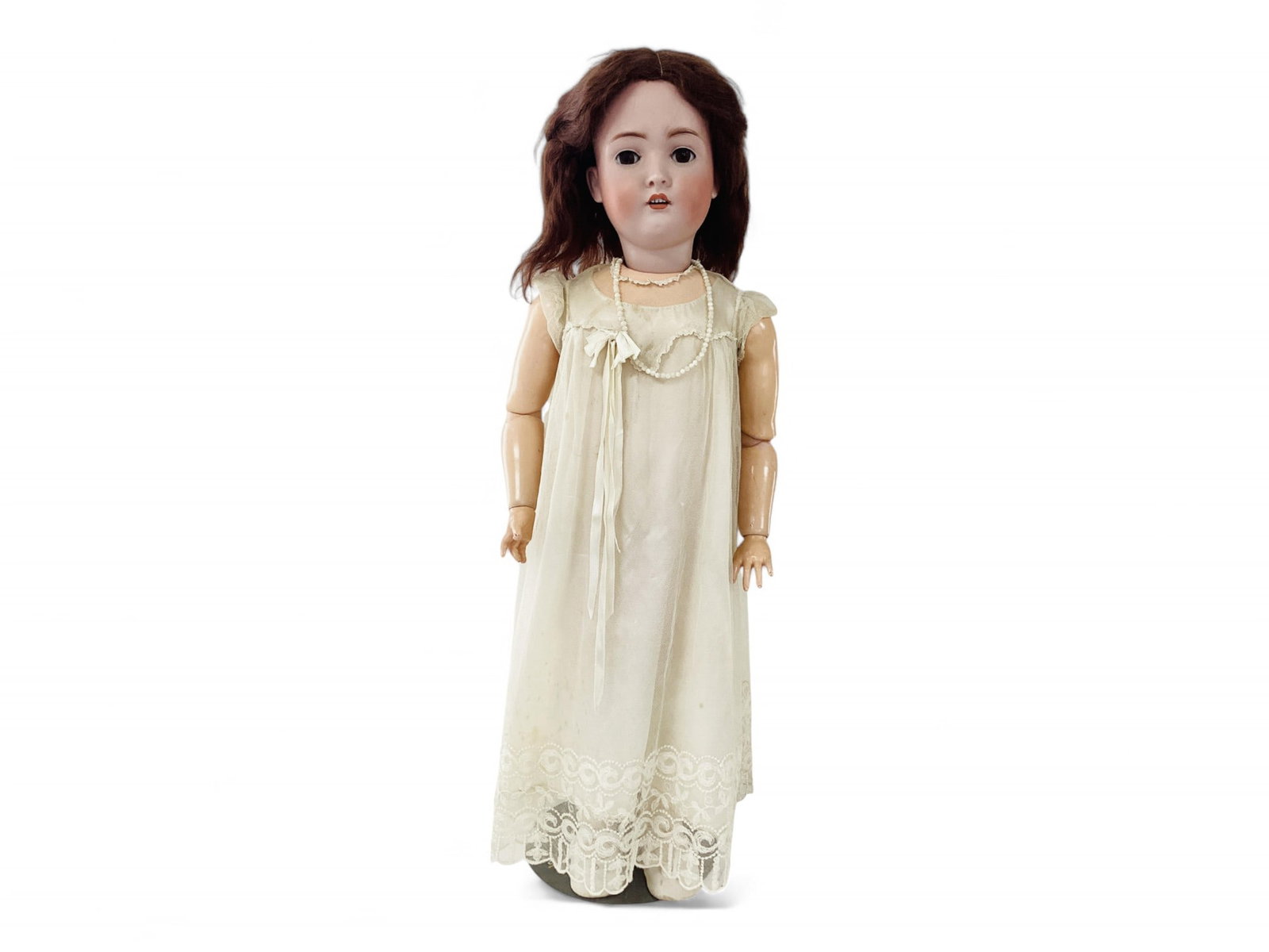 German bisque socket head girl.: German bisque socket head girl. Marked 136/15, 29 1/2" doll with mohair wig, glass sleep eyes with eyelashes, open mouth with teeth, jointed composition body stamped "Made in Germany" o