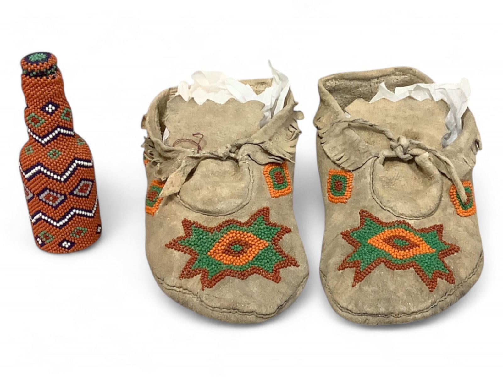 Vintage Leather Moccasins and Handcrafted Beaded Bottle (1 of 5)