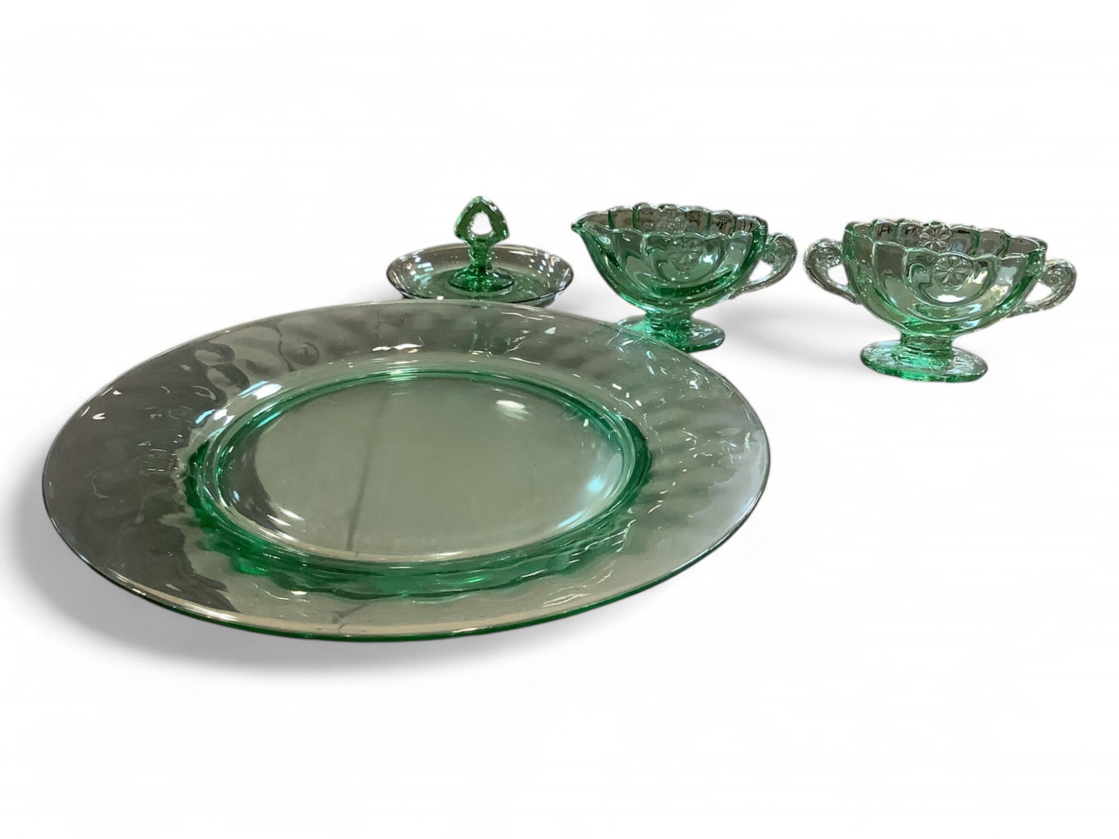 Heisey Lot of Three Items; Moongleam Plate, Cream and Sugar and Trifoil Ashtray: Heisey Lot of Three Items; Moongleam Plate, Cream and Sugar and Trifoil Ashtray