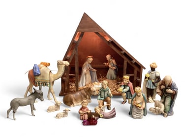Hummel Nativity Scene with Lighted Wood Manger Figures range in size up to 8".