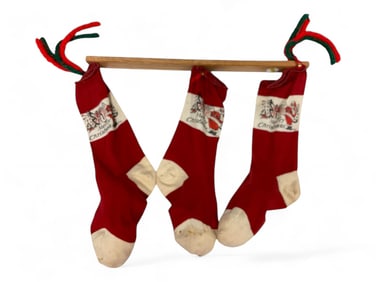 Vintage (3) Christmas Stockings on Wooden Hanger