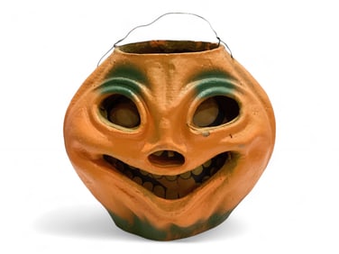 Vintage Paper Mache Jack - O - Lantern with Bale & Face Tissue 7 1/2" H approx. 27" around the fates