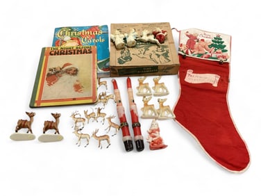 Christmas Decoration Assortment Including Gurley Wax Ornaments