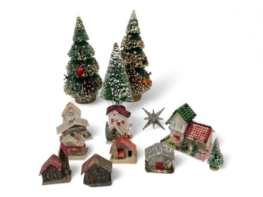 Vintage Artificial Christmas Tree. Cardboard House Ornaments