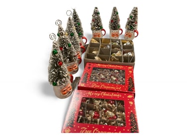 Variety of Vintage Style Small Christmas Ornaments w/ 7 Card Holder Christmas Trees