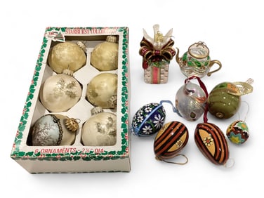 Christmas Ornaments Including Boxed West Germany, Hand Painted Wood and Blown Glass