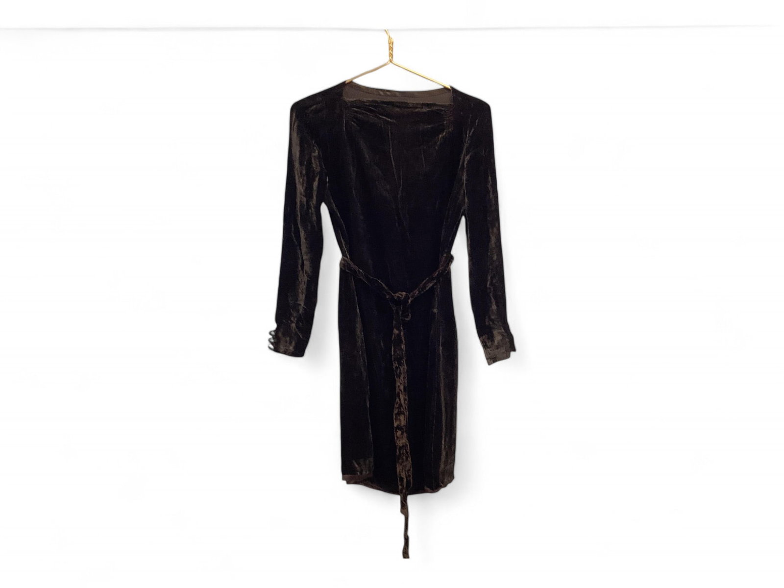 Brown Velveteen Sheath Dress: Brown Velveteen Sheath Dress Square ruched neck, three button sleeves and self-tie. 15" across back at shoulders, 35" long. Needs hemming. Damage to one sleeve at buttons, otherwise good condition.
