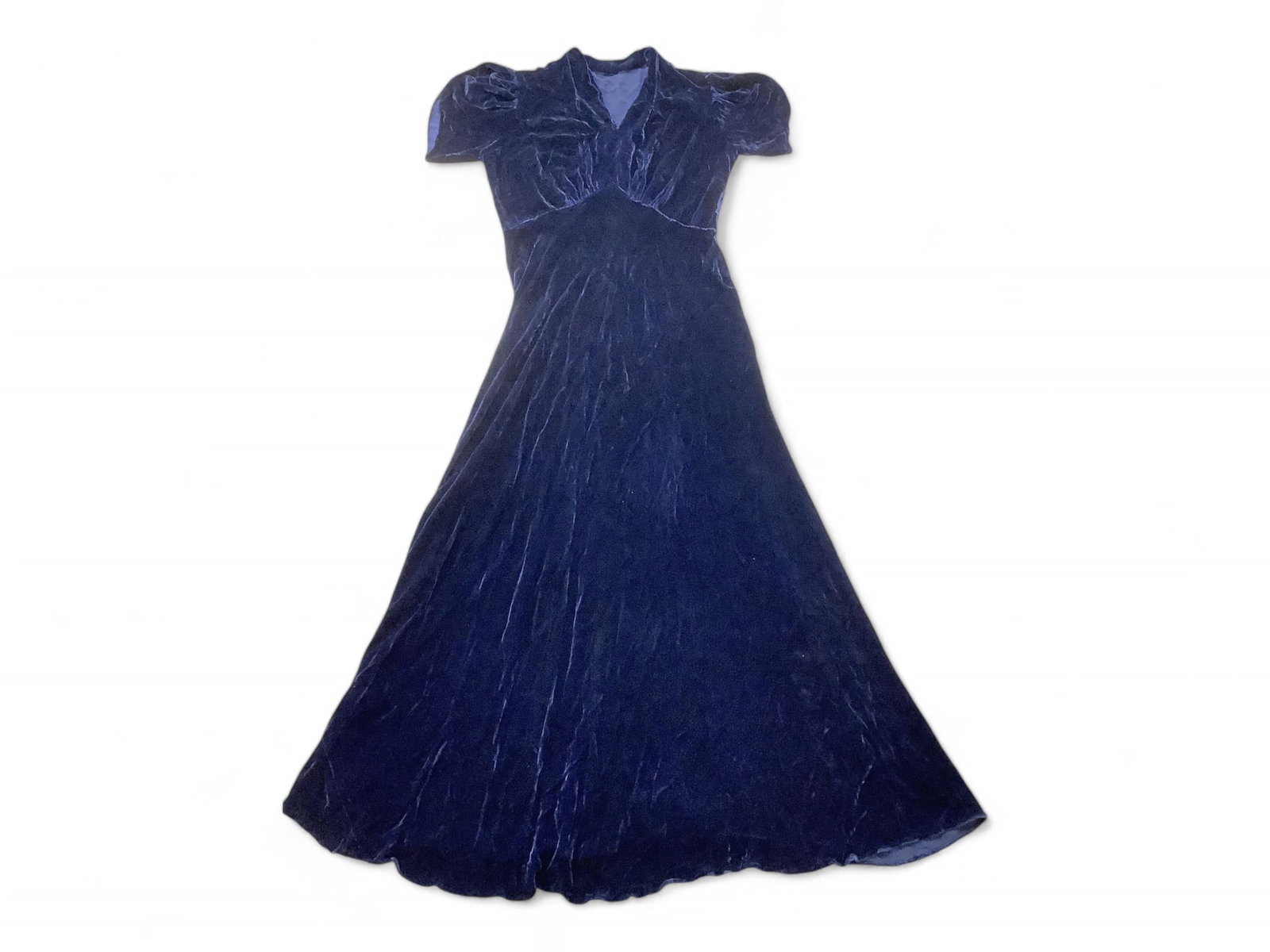 Vintage Dark Blue Velvet Dress: Vintage Dark Blue Velvet Dress Dress has a 29" waist and 58" length from shoulder to hem. Snap is missing, see photo.