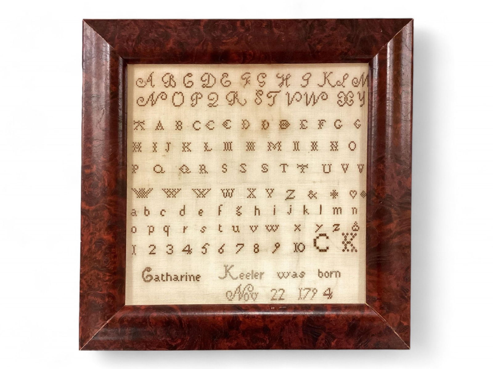 Antique Needlework Sampler 10.1 x 10 1/4 in. (25.8 x 26 cm.), Frame: 14 1/2 x 14 1/2 in. (36.8 x (1 of 2)