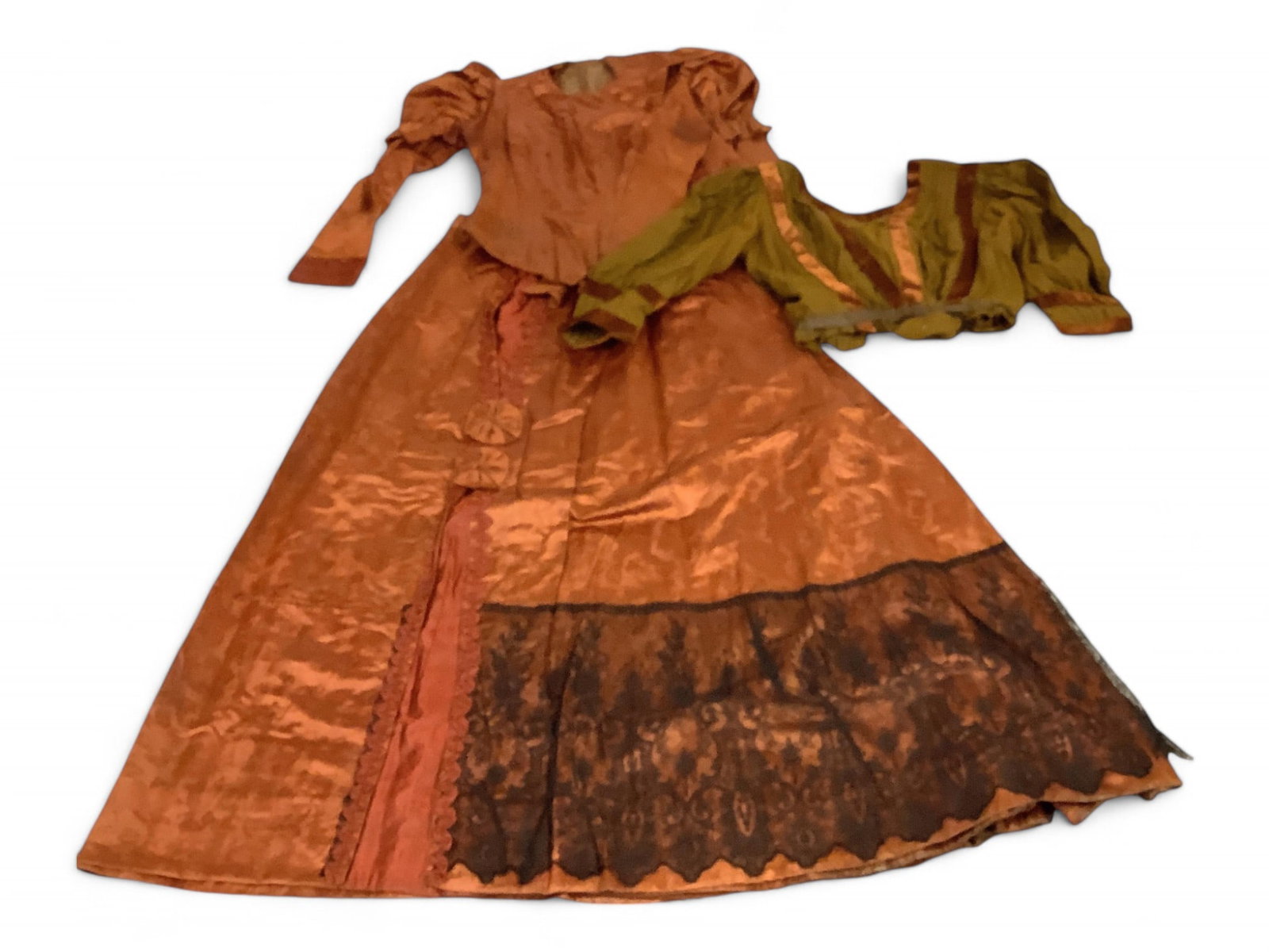 Antique Rust Satin & Black Lace Rust Skirt & Blouse: Antique Rust Satin & Black Lace Rust Skirt & Blouse Also includes additional green blouse with rust velvet ribbons.