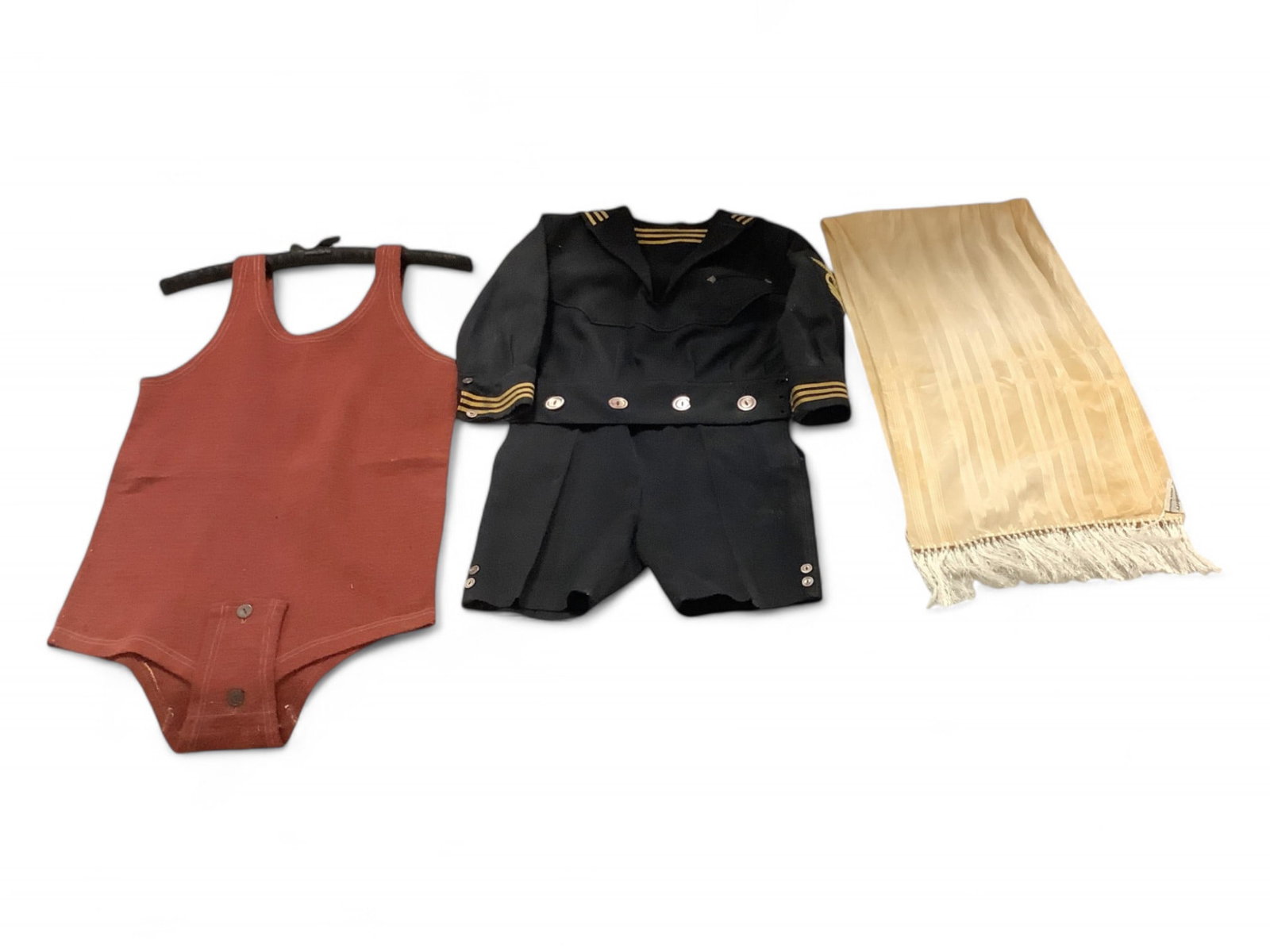 Vintage Clothing: Vintage Clothing Includes an adorable two-piece child's sailor suit, 15.5" across the chest, a 28.5"L body suit, marked "rugby rugged wear, knitted wear", 15" across the chest, and a 44"L scarf with 3