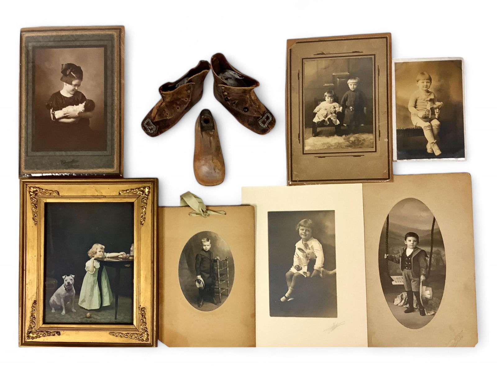 Child's Leather Shoes, Wooden Shoe Makers Form, and Seven Photographs of Children (1 of 5)