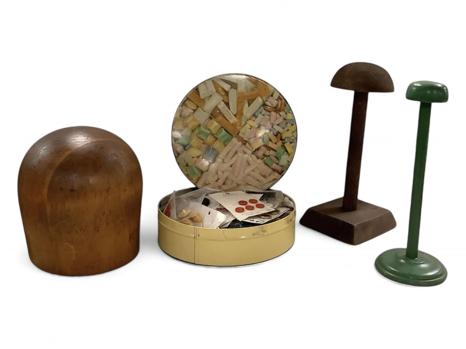 Vintage Hat Form, Hat Stands and Tin with Buttons (1 of 2)