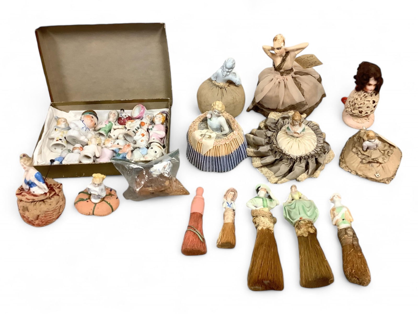 Vintage China Half Doll Figurines, Pin Cushions, and Clothes Brushes Height range 1.75" to 7.5" (1 of 6)