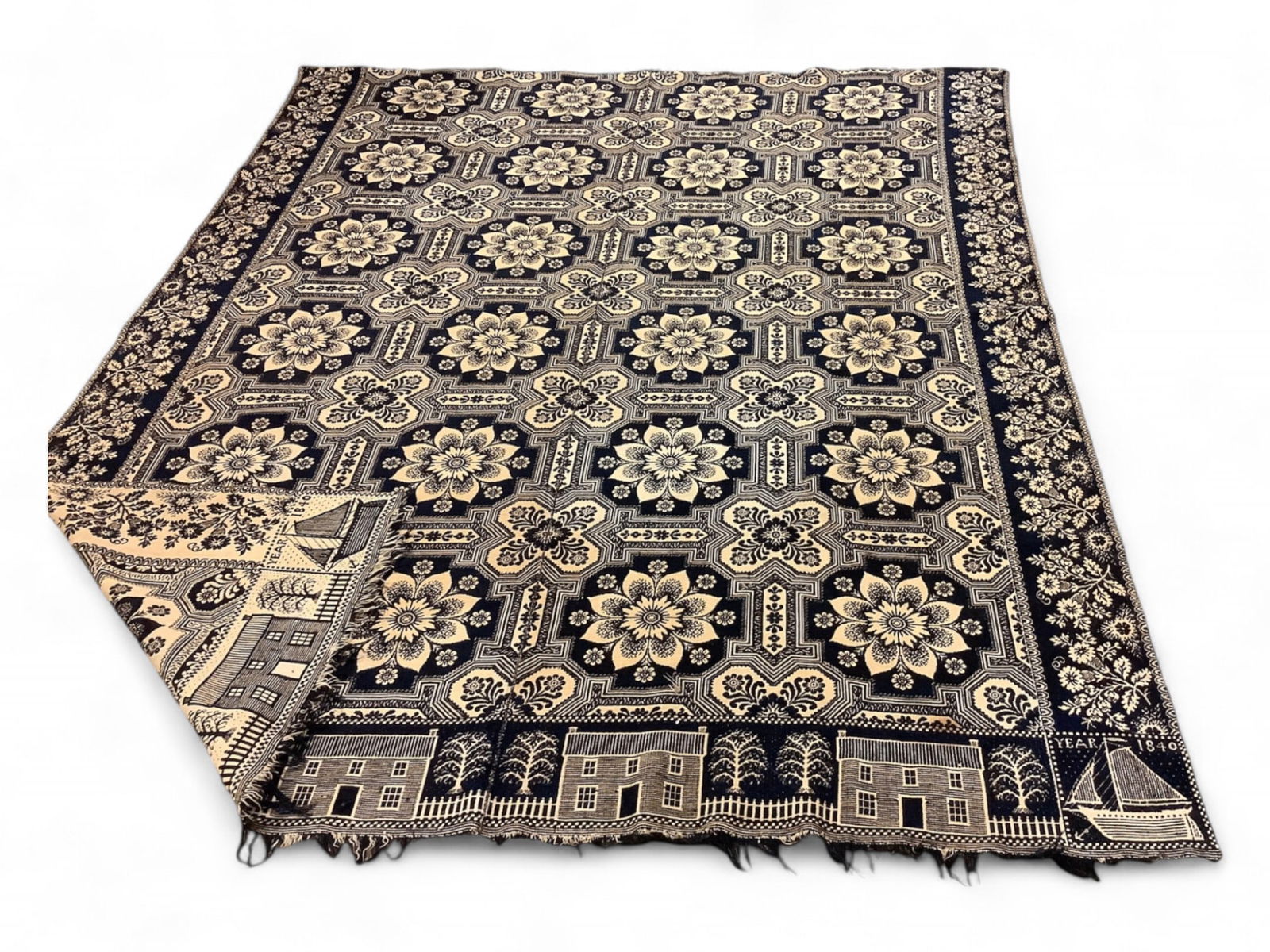 Navy & Cream Antique Coverlet Dated 1840 91" x 74" (1 of 5)