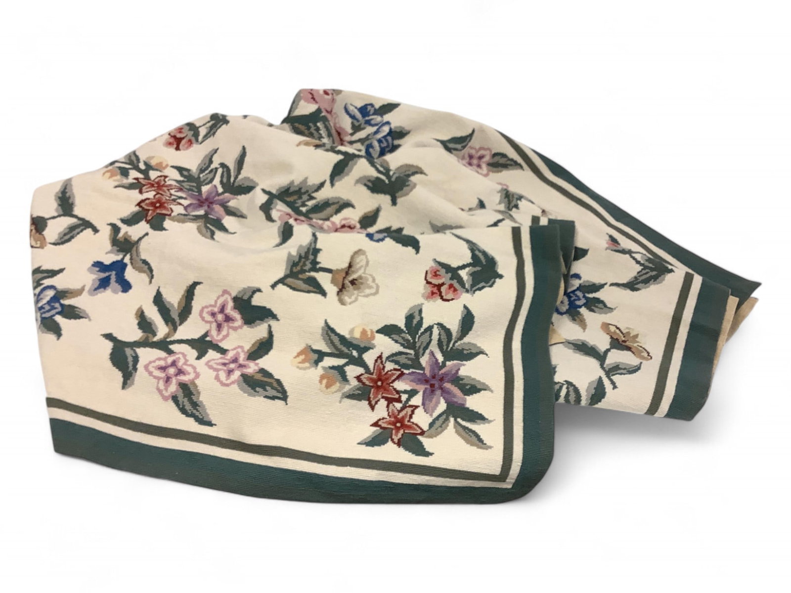Vintage Rug with Flowers 64" x 100": Vintage Rug with Flowers This is a light weight rug with an old fashioned needle point stitches with some hand knotting. (See Photo) 64" x 100"