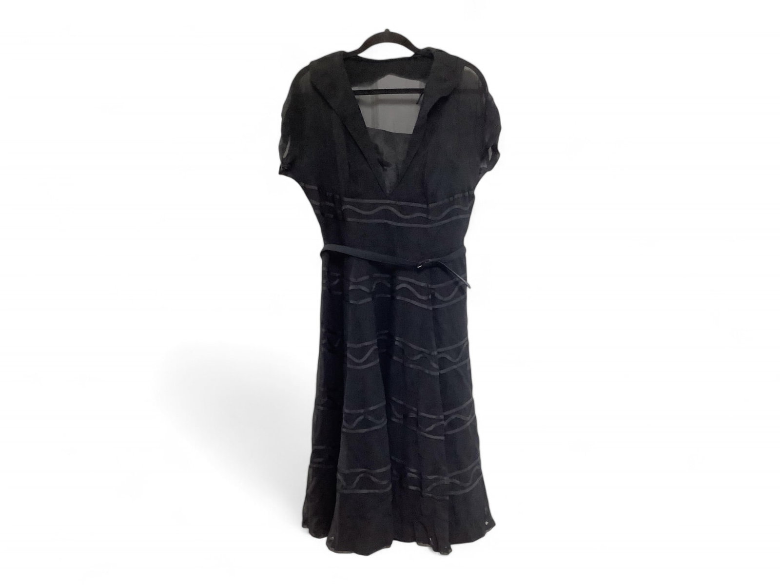 Classy Belted A-line Black Chiffon Dress: Classy Belted A-line Black Chiffon Dress Fitted bodice, flared and flowing skirt with ribbon accents, ruched short sleeves, lined and hem has toole under lining. Side zipper. No tags. Thin, removable 