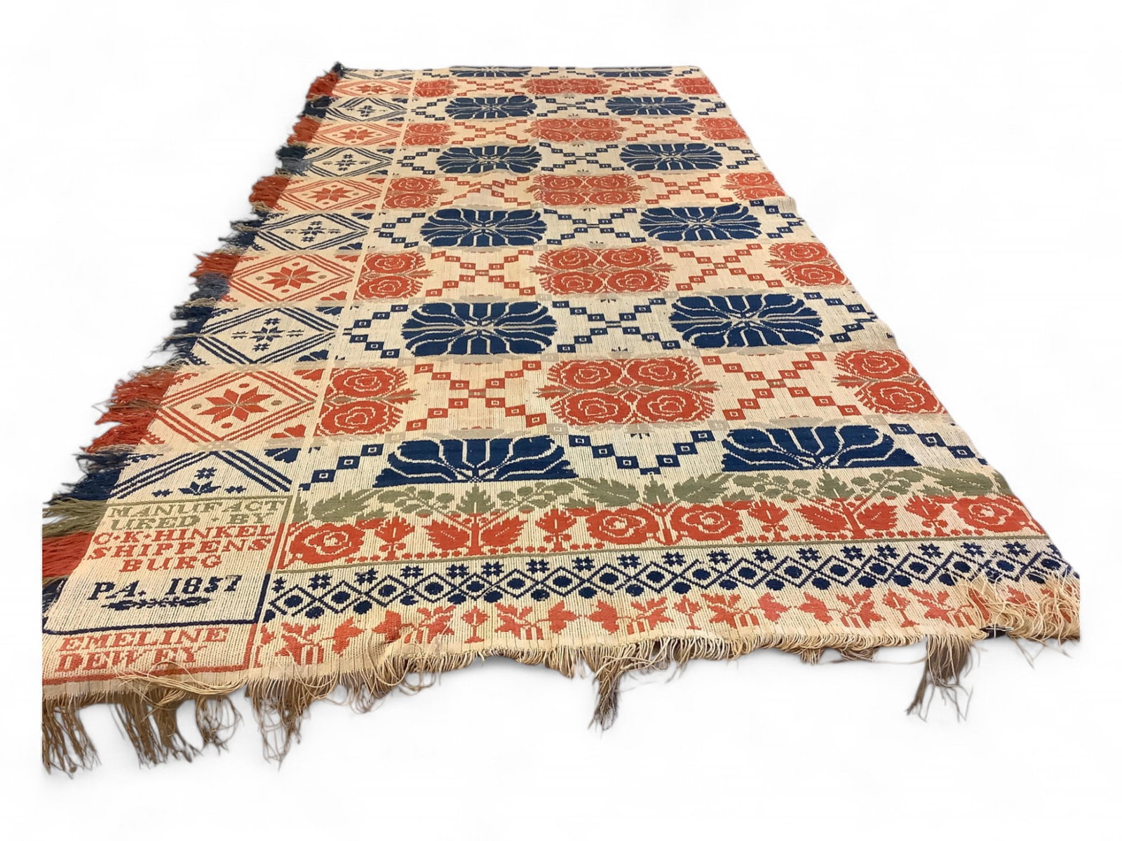 Antique Coverlet From Shippensburg, PA 1857: Antique Coverlet From Shippensburg, PA 1857 An antique coverlet measuring approximately 87.0" x 39.0". It has an 8" x 10" identification marker saying it was manufactured by "CK HINKEL, SHIPPENSBURG, 
