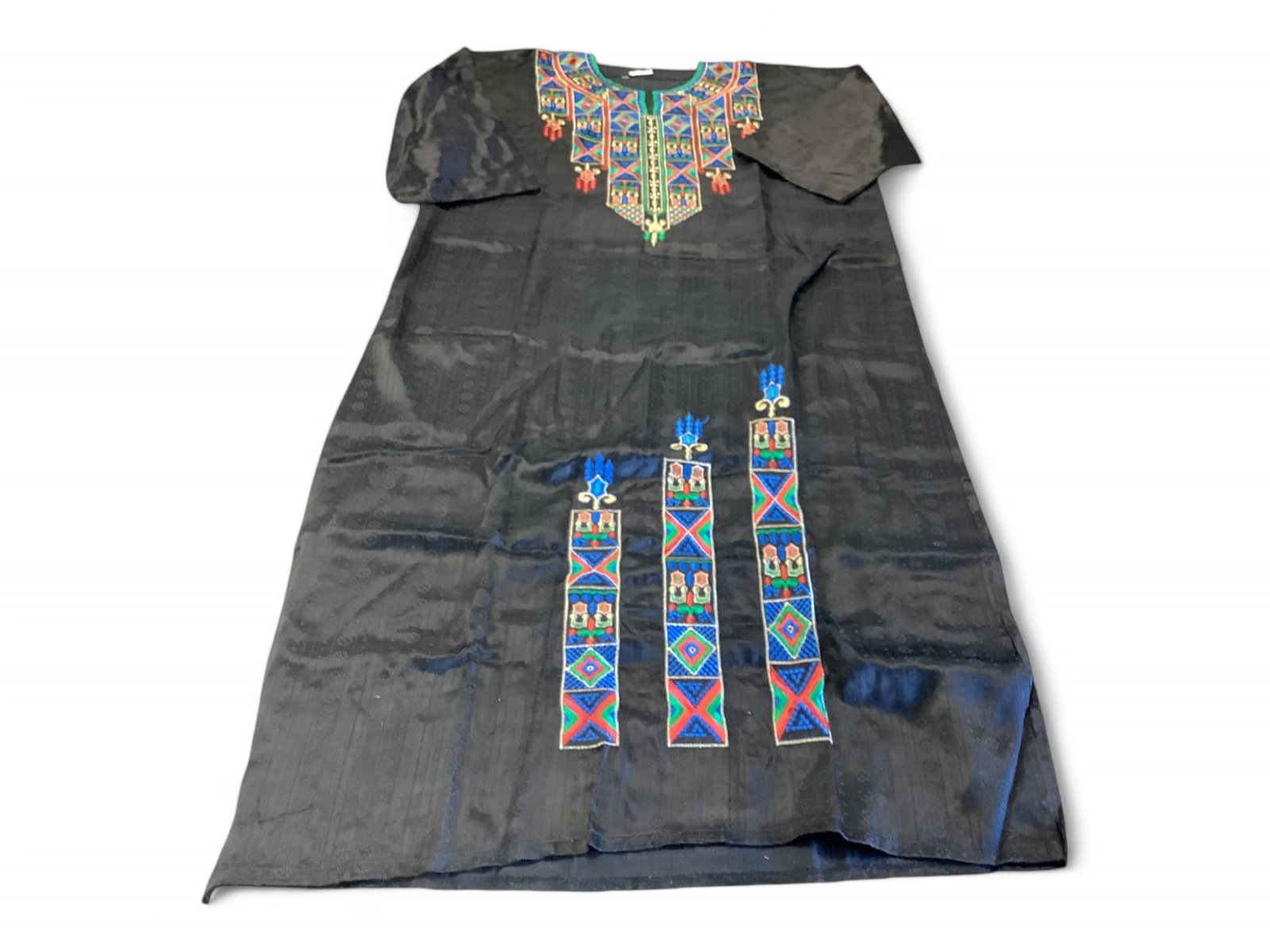 Embroidered Dashiki Robe/Dress: Embroidered Dashiki Robe/Dress Vibrant colors 22" shoulder to sleeve cuff 57.5" neck to hem