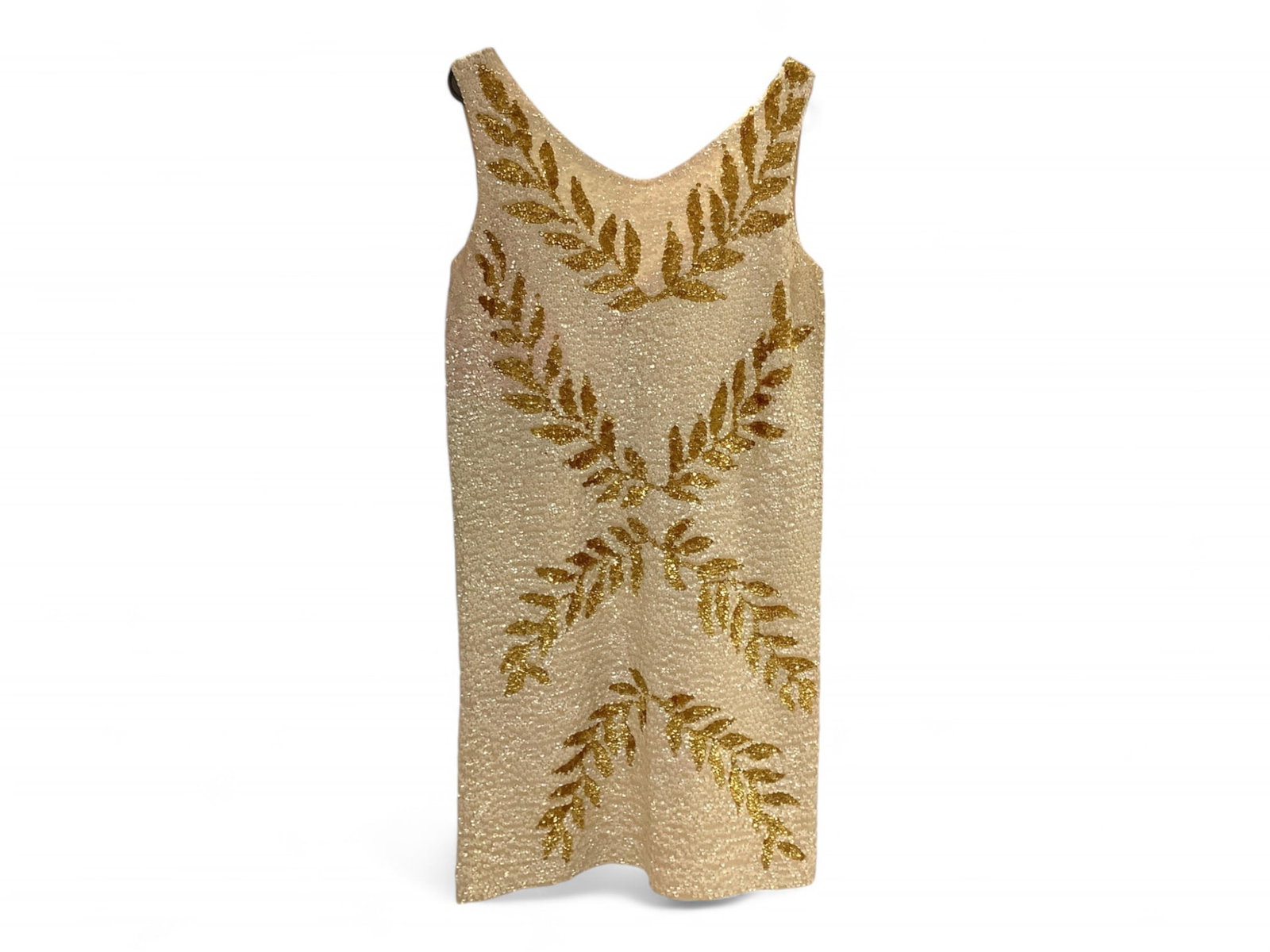 Sleeveless Sequin Dress: Sleeveless Sequin Dress Gold and pearl iridescent sequins draped in a leaf and vine pattern Dress is 32" neck and 18.5" underarm to underarm. Great cocktail dress.