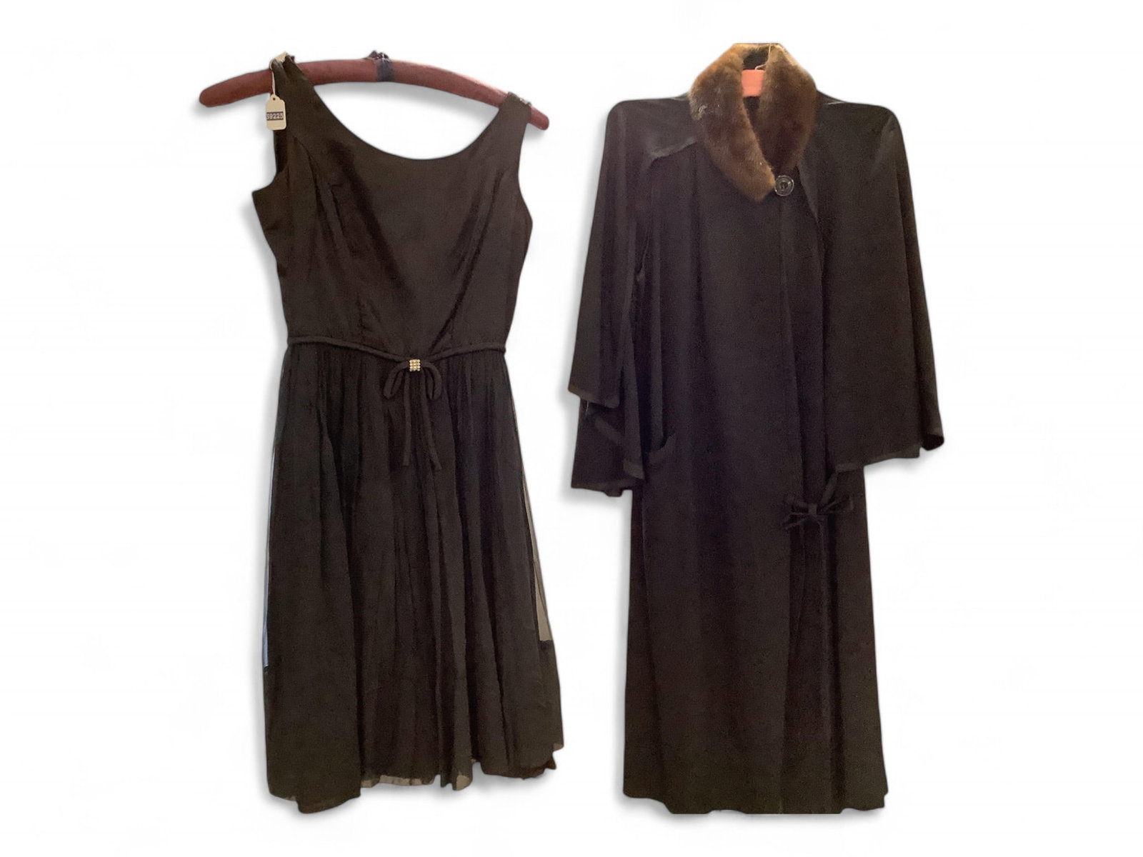 Black Crepe Swing Coat with Fur Trim Paired with Cocktail Dress Rhinestone Embellishment: Black Crepe Swing Coat with Fur Trim Paired with Cocktail Dress Rhinestone Embellishment Dress is 36" neck to hem and 17" across underarms.