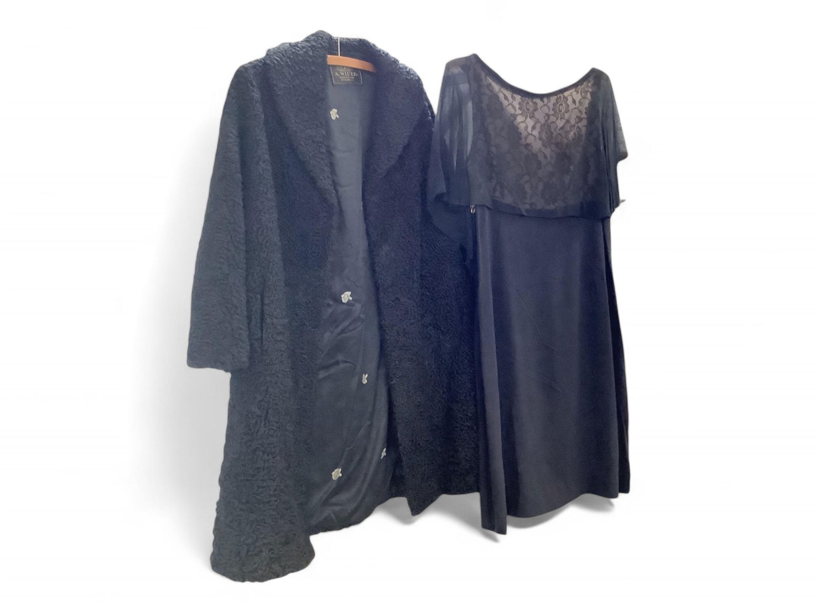 Black Dress with Lace Top and Cape Paired With Persian Lamb Fur Coat from A. Wilder Furs (1 of 5)