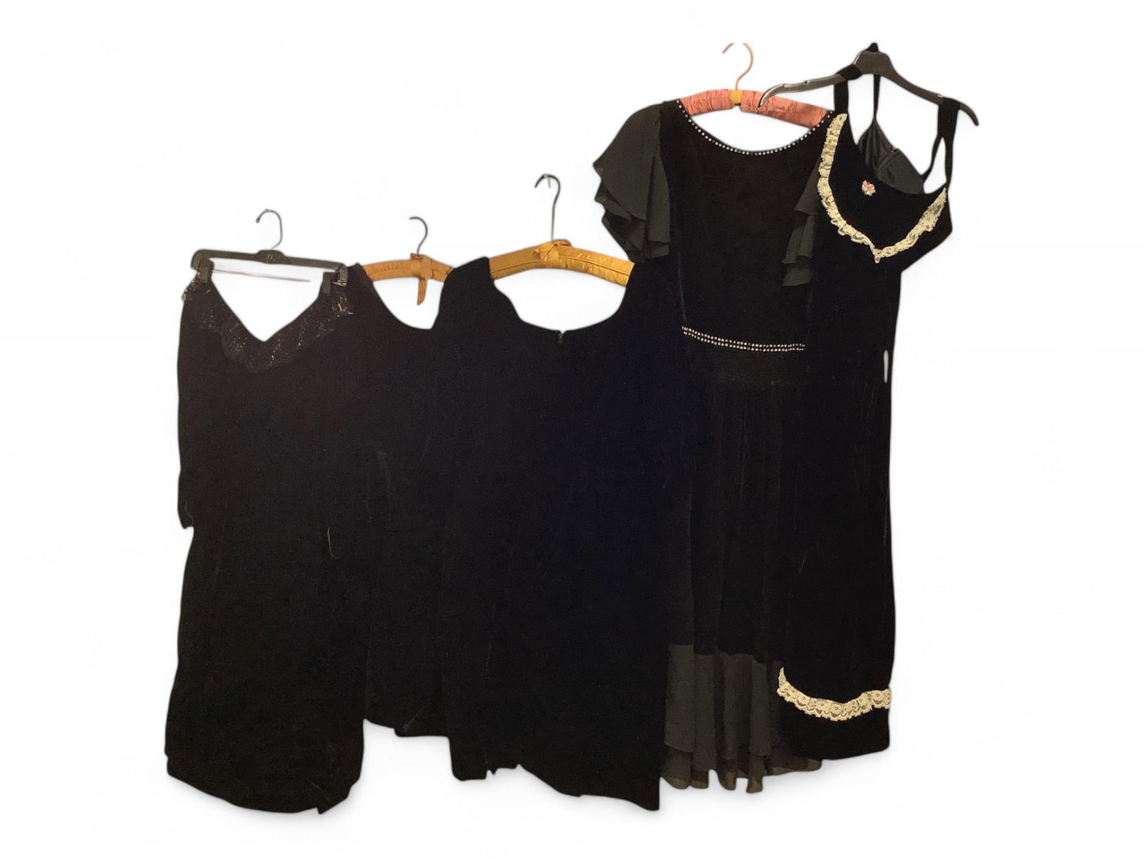 Black Velvet Dresses (5): Black Velvet Dresses (5) Black velvet dresses in assorted styles and lengths. Some with details. Brands include Perullo and Montaldo's, No size labels. Measurements on Perullo dress are approximately 