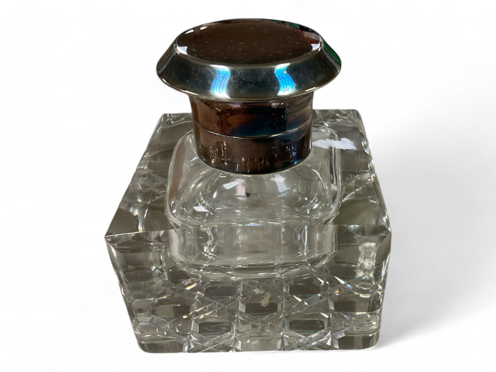 Clear Cut Glass Inkwell w/ Silverplate Top: Clear Cut Glass Inkwell w/ Silverplate Top4" T
