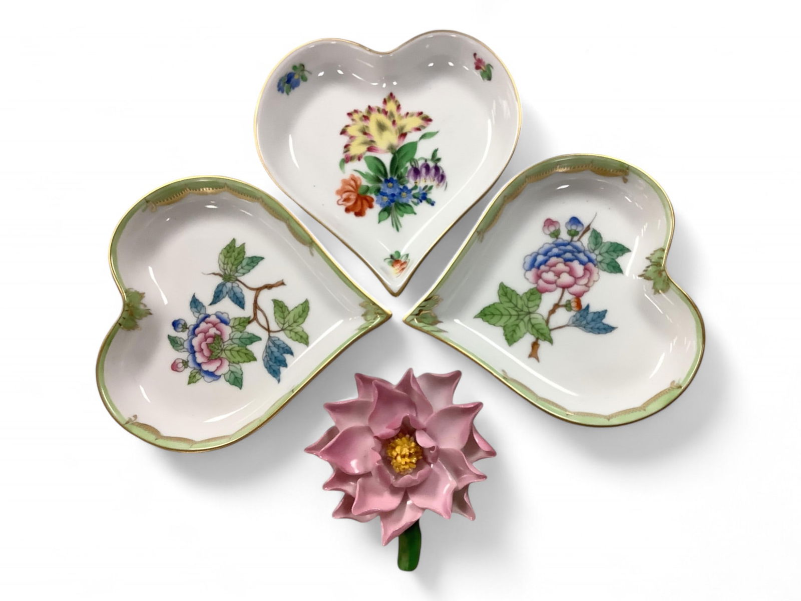 Herend Hand Painted Porcelain Hearts x 4 x 4 in. (x 10.2 x 10.2 cm.), Flower x 2 3/4 x 2 1/2 in. (x (1 of 2)