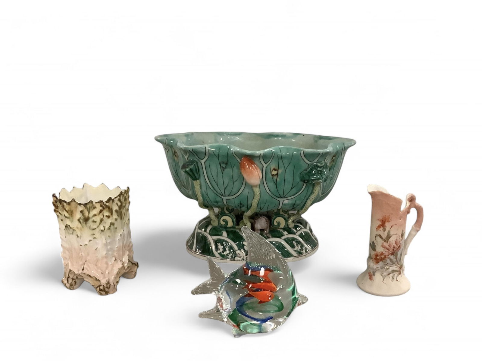 Interesting Vintage Glass Pieces: Interesting Vintage Glass PiecesPond themed centerpiece with frog, 10" W 6 1/4" H. Square vase,4 1/2" H. Pitcher vase, 5" H. Glass fish paperweight, 4 1/2" H.