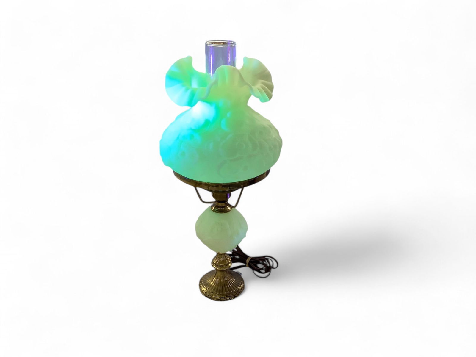 Fenton Uranium Glass Lamp 20 1/2 in. (52.1 cm.) to top of chimney (1 of 6)