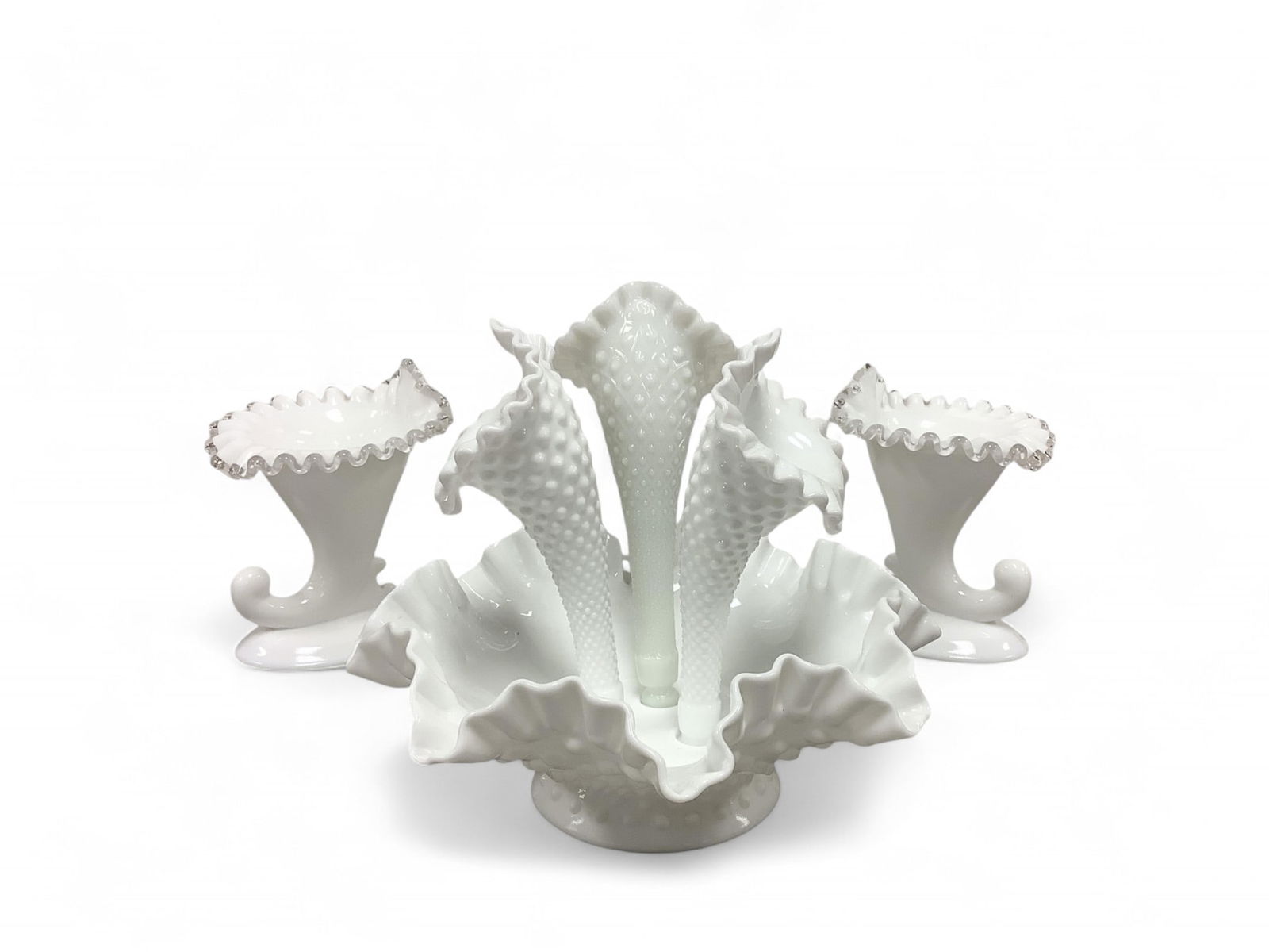 Vintage Milk Glass, Including Fenton Cornucopias and Possible Fenton Hobnail Milk Glass Epergne Bowl (1 of 2)