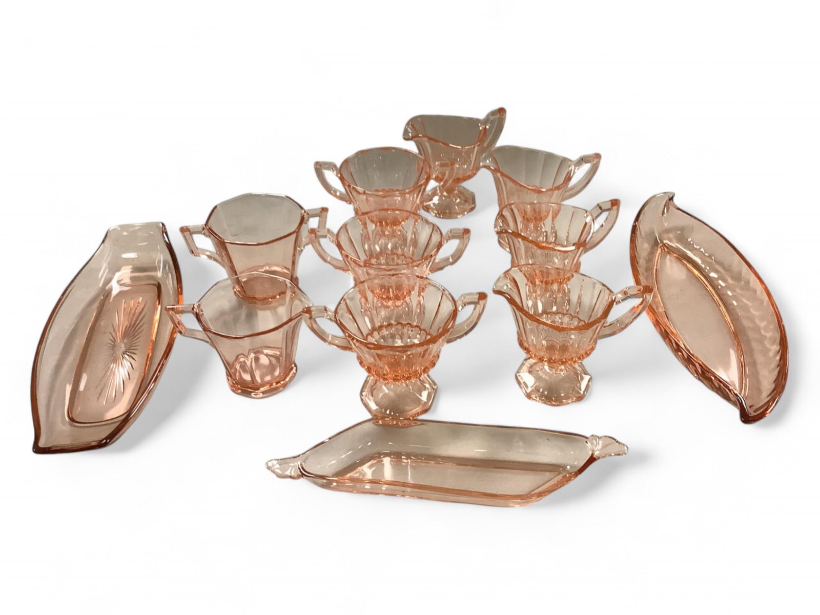 Heisey Flamingo Glass Footed Cream and Sugar and Relish Dishes Lot of (12): Heisey Flamingo Glass Footed Cream and Sugar and Relish Dishes Lot of (12)