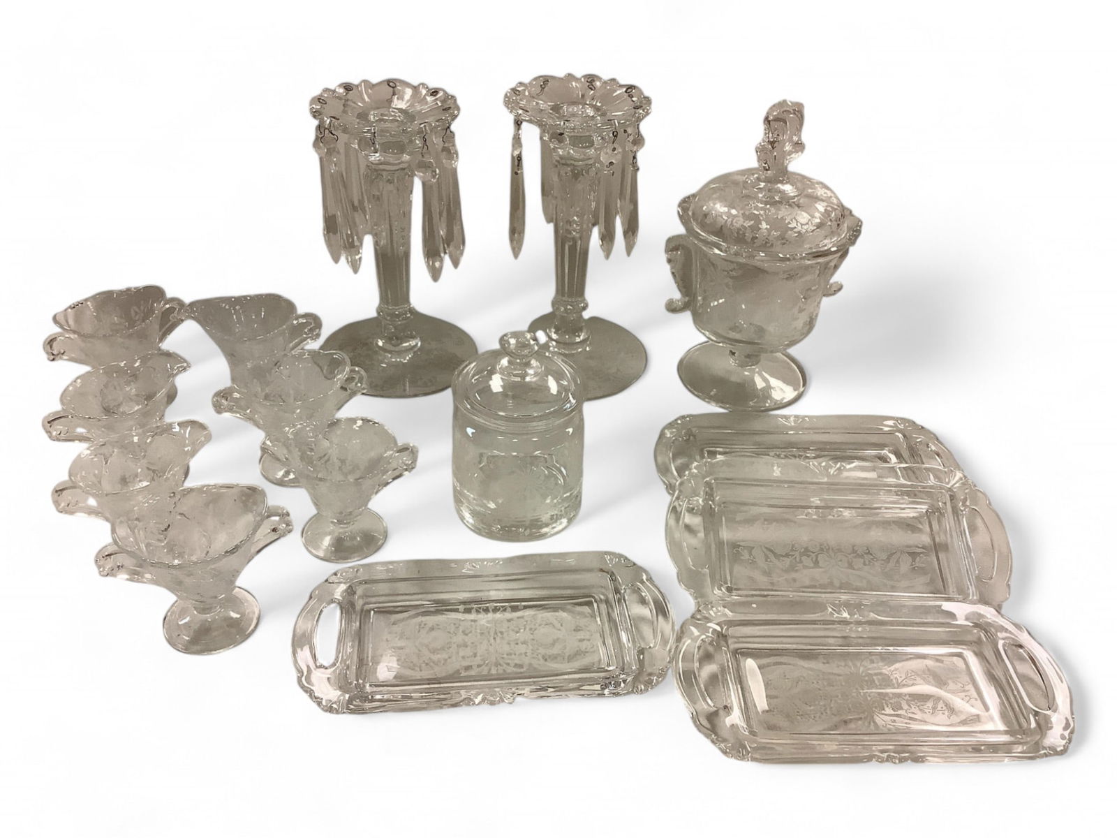 Lot of (15) Heisey Orchid Etched Items: Lot of (15) Heisey Orchid Etched ItemsOrchid, etched marmalade jar, pair of (1)light candlesticks, individual cream and sugars