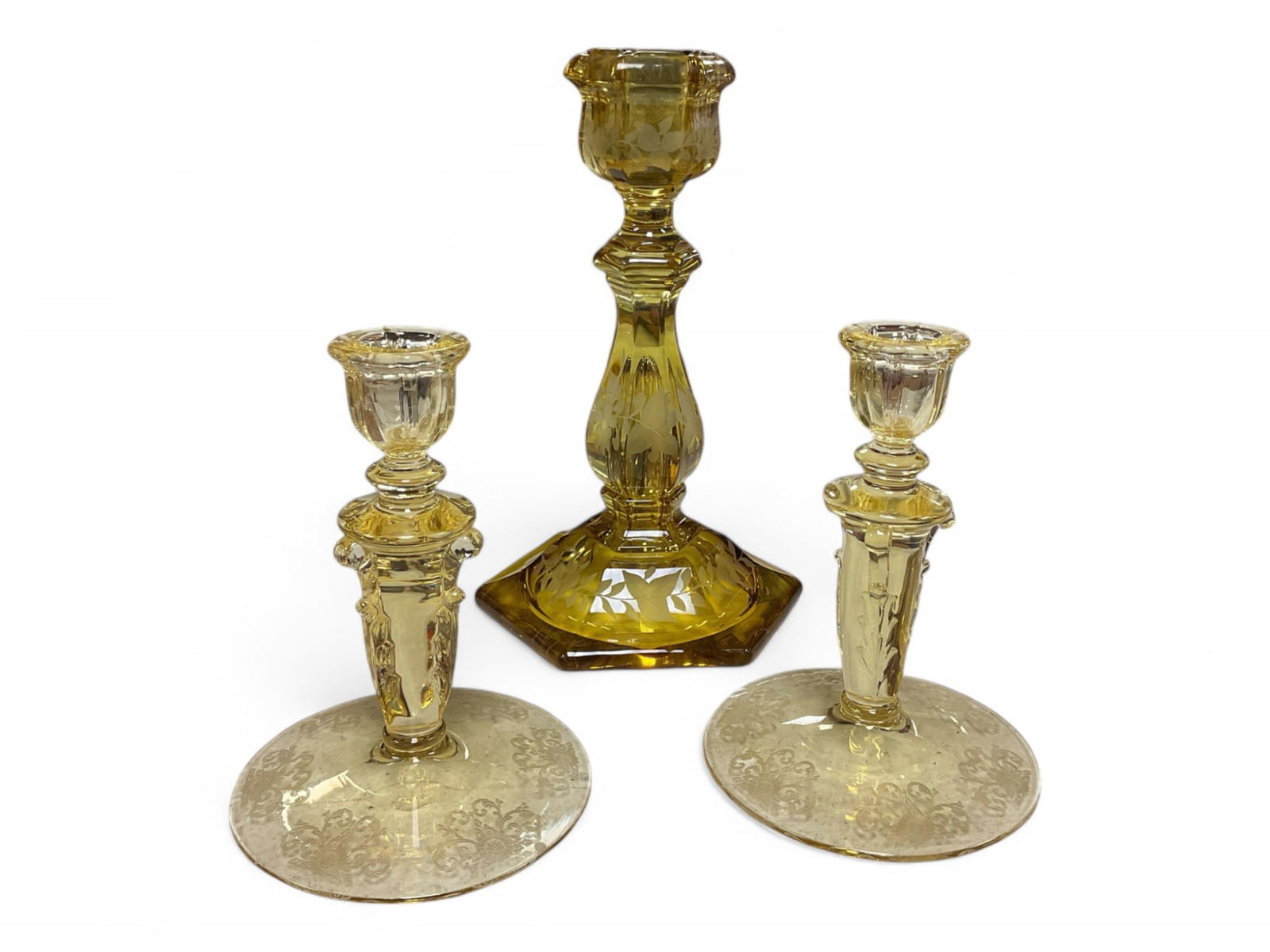 Heisey Marigold Stain Cut to Clear 10" Candlestick and #135 Empress Candlesticks (1 of 4)