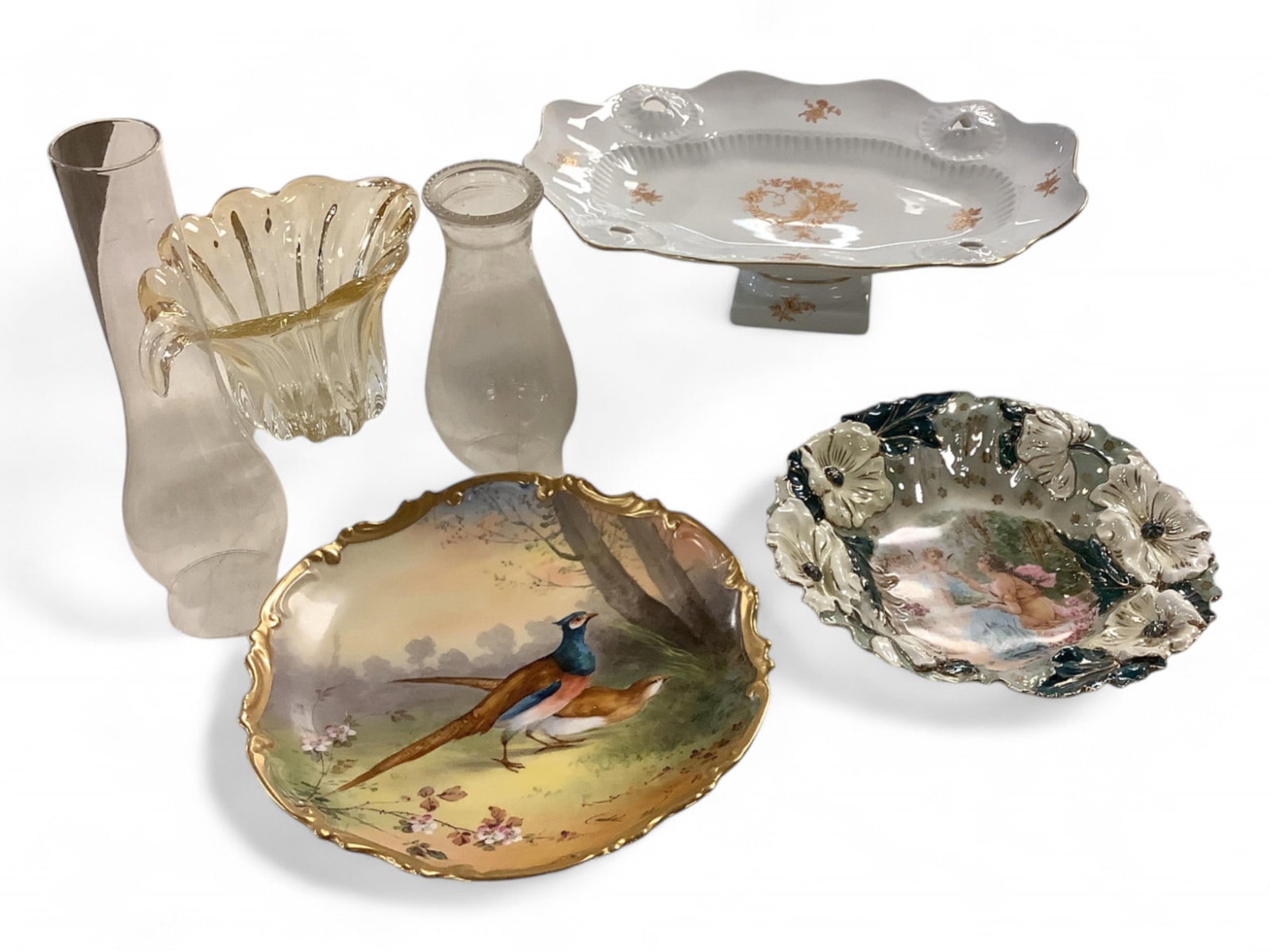 Vintage Glassware: Vintage Glassware Includes: pedestaled Limoge platter, 15"L, marked Royal Limoges, France. Limoges signed 11" plate with birds. heavy, blown glass, honey colored, sculptural vase, 5.75". 10" bowl, mar